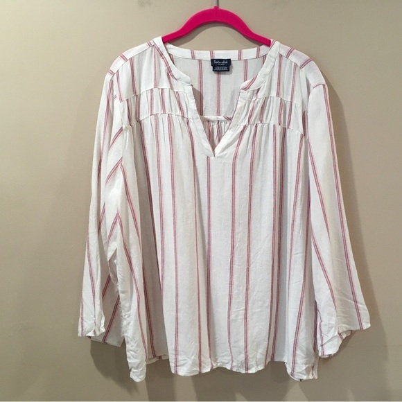 Splendid White Red Striped Linen Blend Comfy V Neck Pullover Blouse Plus  XXL - Picture 1 of 6